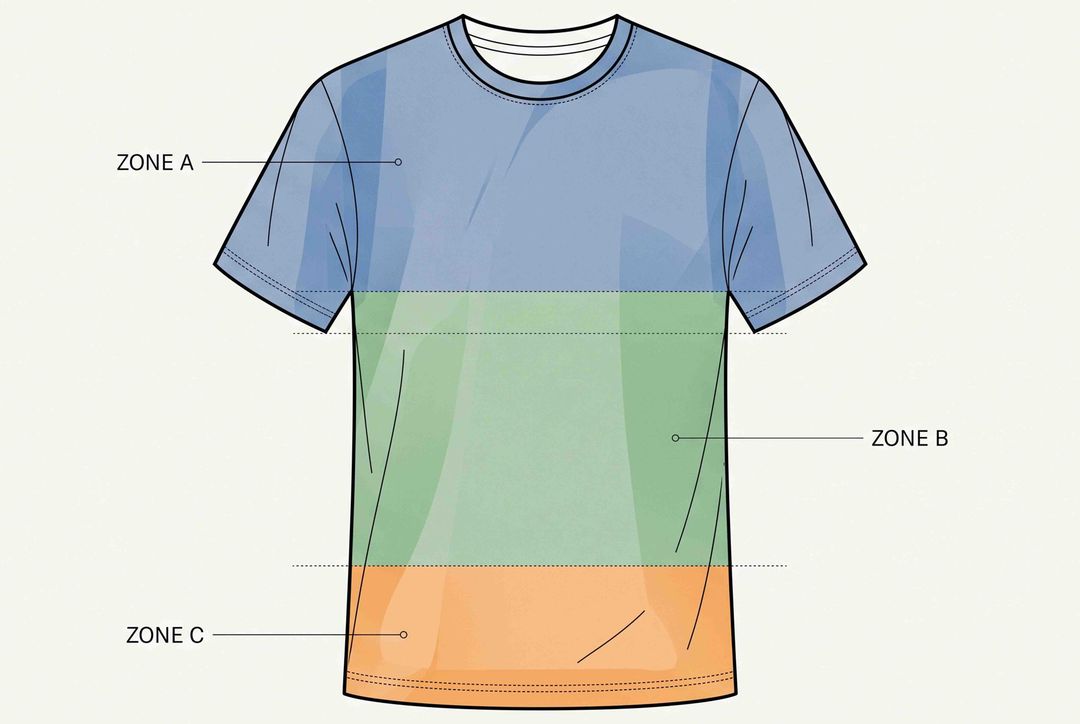 Technische Skizze eines T-Shirts mit drei farbig markierten Zonen: Zone A (blau) im Schulter-/Brustbereich, Zone B (grün) in der Bauchmitte, Zone C (orange) am Saum