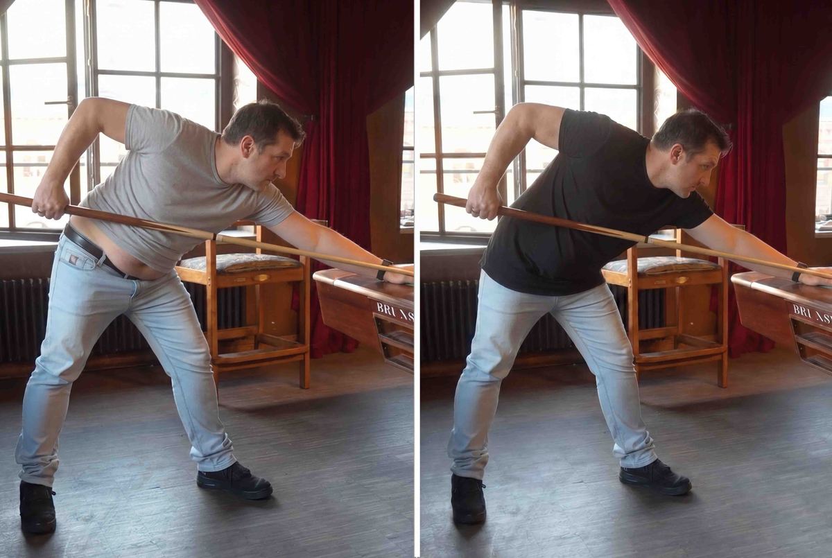 Billard-Test: Mann beugt sich über Tisch, links Standard-Shirt mit Hochrutschen, rechts Cutted Shirt bleibt an Ort und Stelle