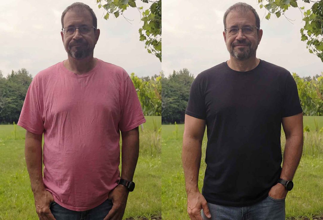 Vorher/Nachher-Vergleich: links rosa Standard-Shirt, rechts schwarzes Cutted Shirt am selben Mann