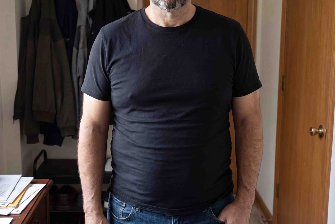 Mann in zu engem schwarzem T-Shirt, Stoff spannt am Bauch