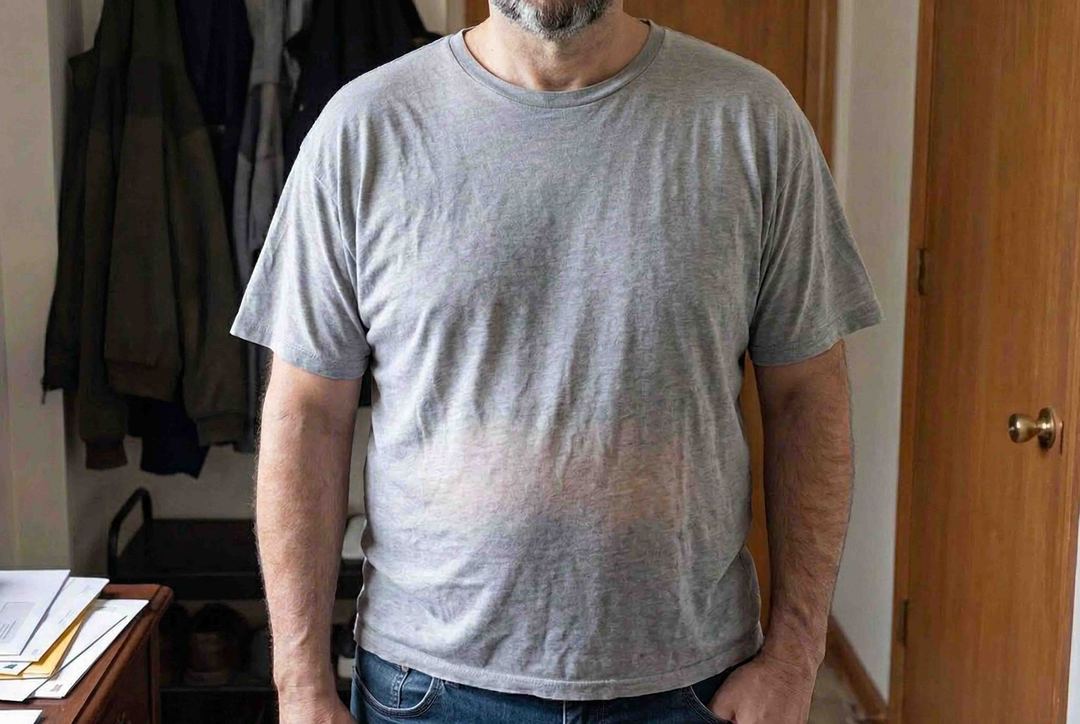 Mann in zu weitem grauem T-Shirt, Stoff hängt formlos