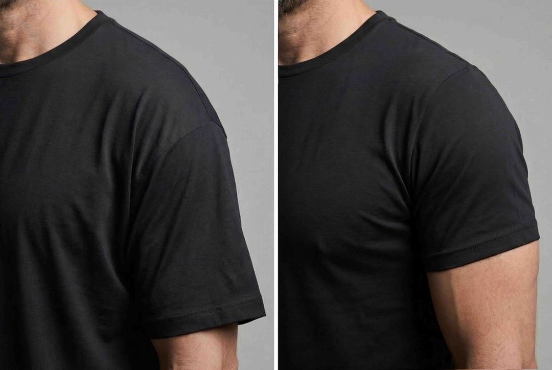 Close-Up Vergleich Schulterpartie: links locker sitzend, rechts körperbetont