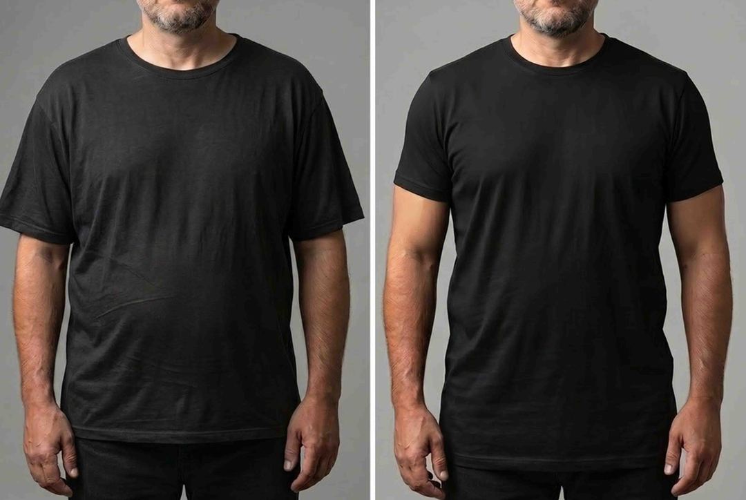 Vergleich Bauchbereich: links sack-artige Passform, rechts Drape-Fall