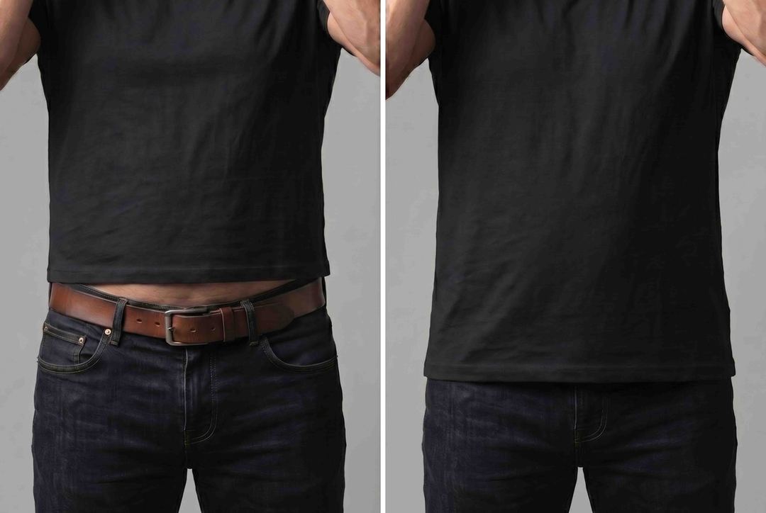 Vergleich Hemline: links zu kurz, Bauch sichtbar; rechts verlängert, sitzt über der Gürtellinie